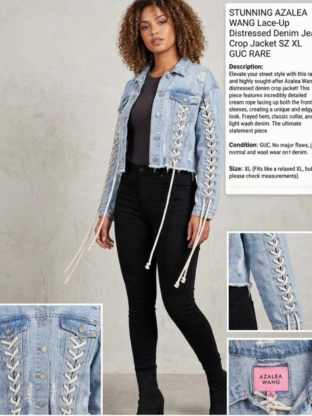 AZALEA WANG Lace Up Denim Jacket Cropped Corset Distressed Blue Jean XL GUC
